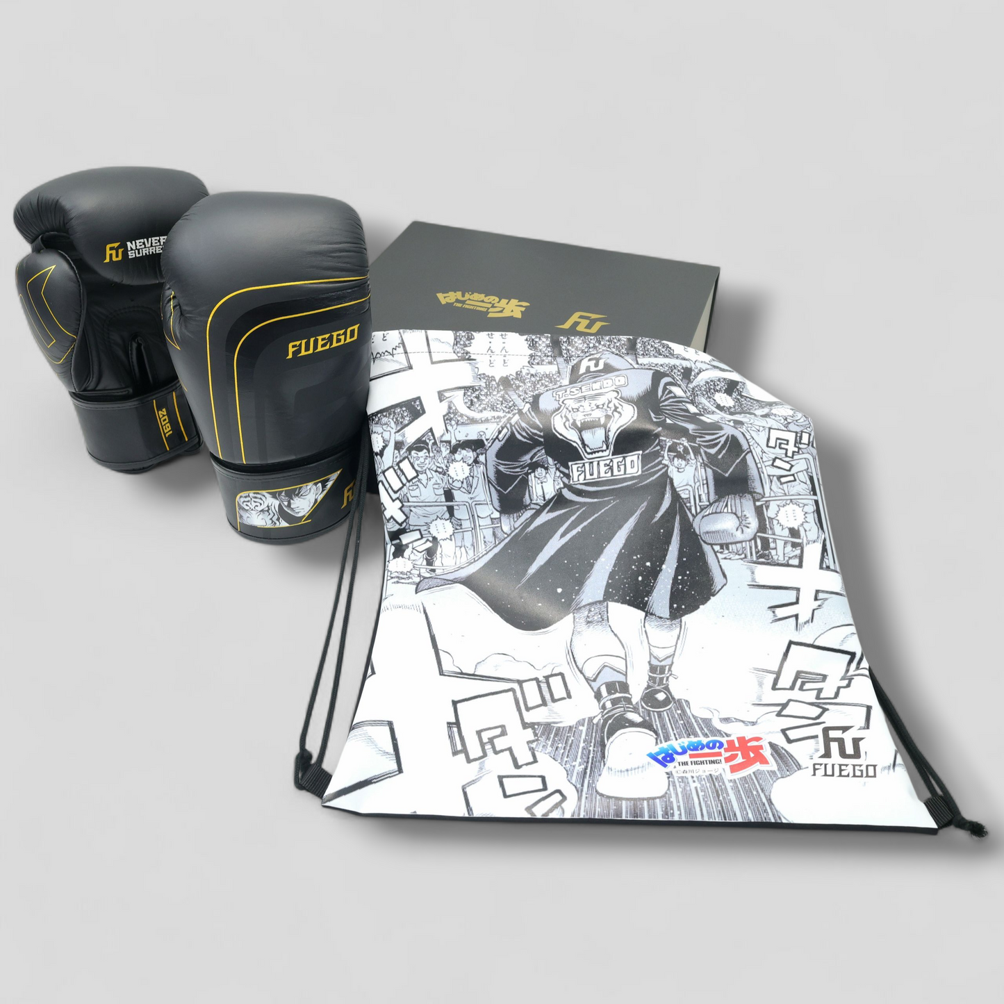 [Limited Edition] Hajime no Ippo × FUEGO Boxing Gloves – Sendo Takeshi Ver. [Black × Gold]